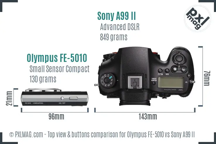 Olympus FE-5010 vs Sony A99 II top view buttons comparison