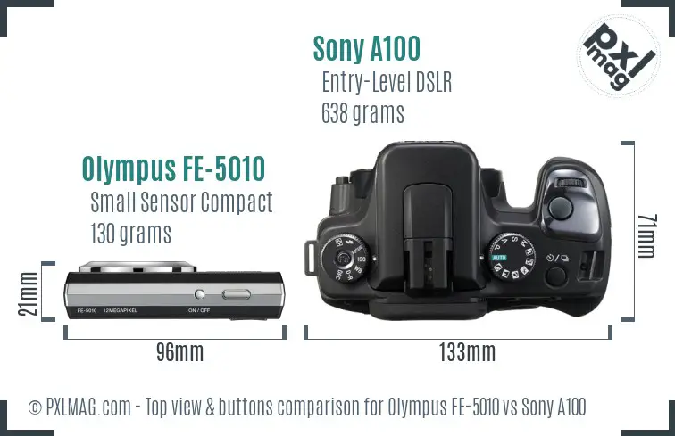 Olympus FE-5010 vs Sony A100 top view buttons comparison