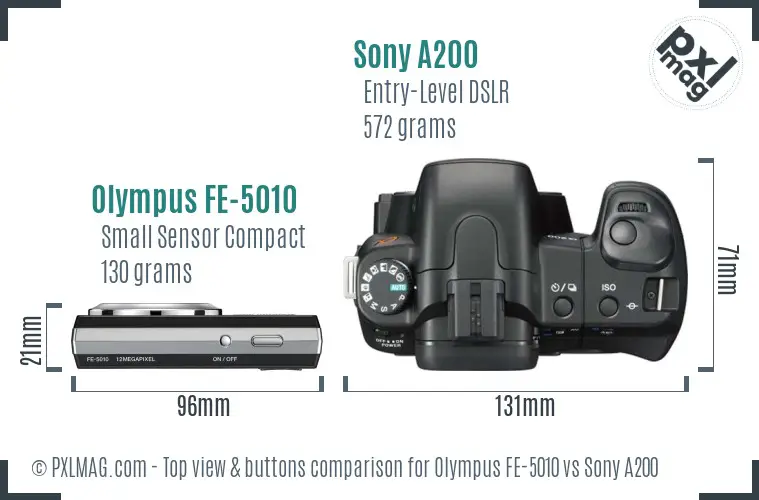 Olympus FE-5010 vs Sony A200 top view buttons comparison