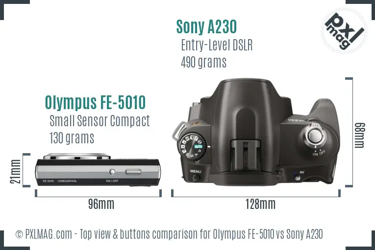 Olympus FE-5010 vs Sony A230 top view buttons comparison