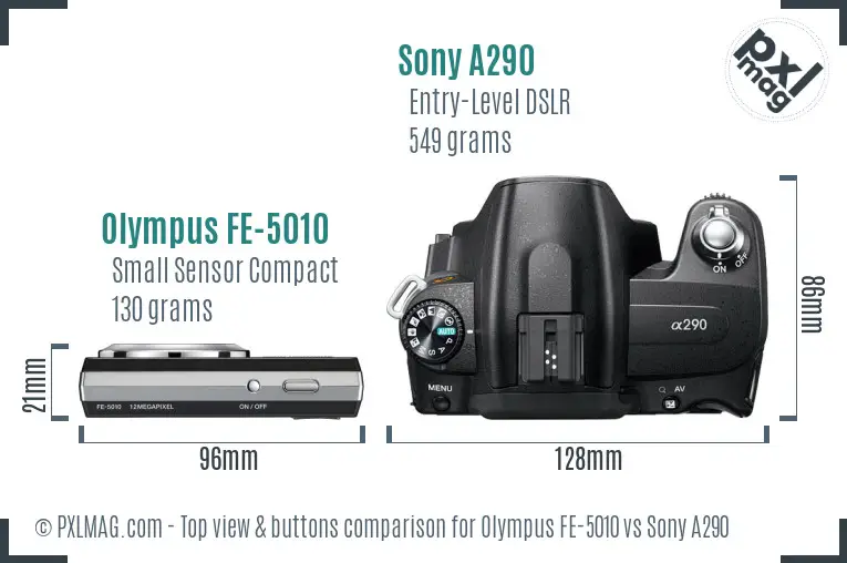 Olympus FE-5010 vs Sony A290 top view buttons comparison