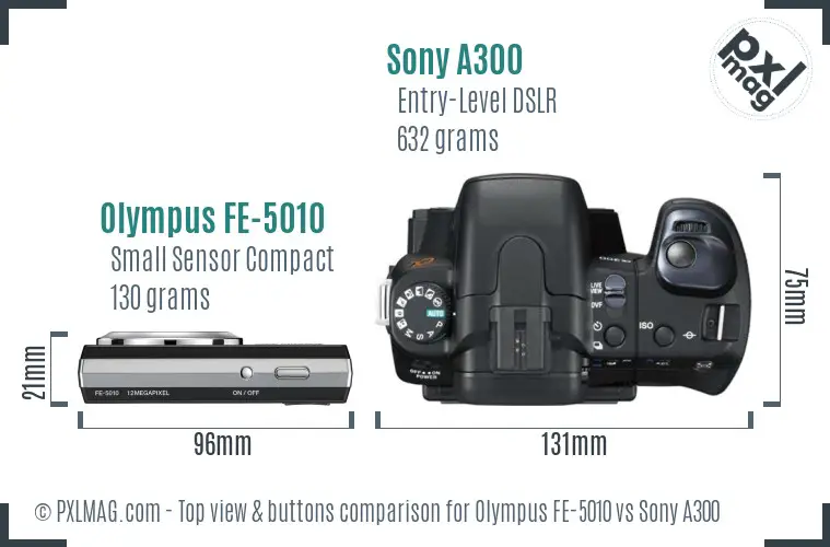 Olympus FE-5010 vs Sony A300 top view buttons comparison