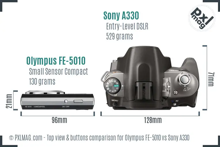 Olympus FE-5010 vs Sony A330 top view buttons comparison