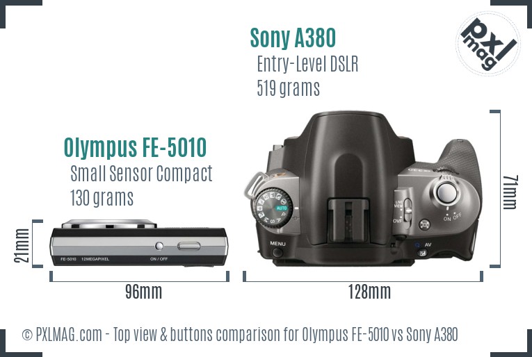 Olympus FE-5010 vs Sony A380 top view buttons comparison
