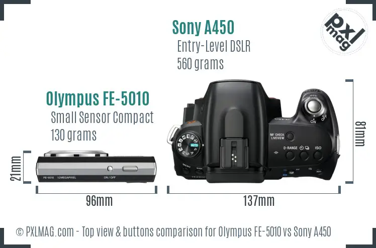 Olympus FE-5010 vs Sony A450 top view buttons comparison