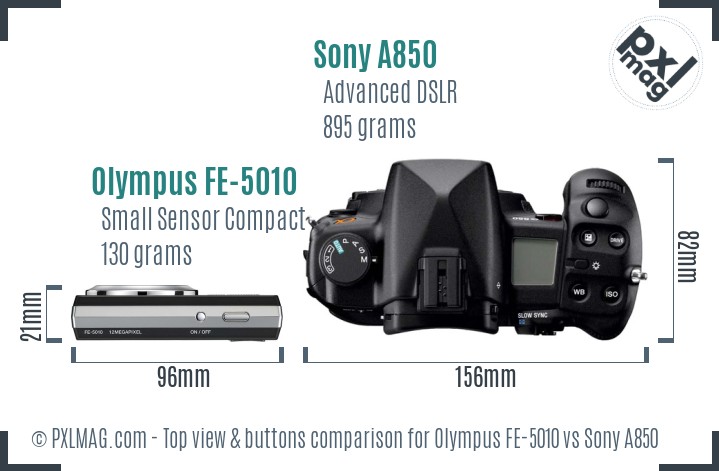 Olympus FE-5010 vs Sony A850 top view buttons comparison