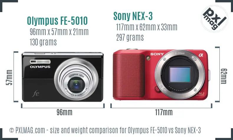 Olympus FE-5010 vs Sony NEX-3 size comparison