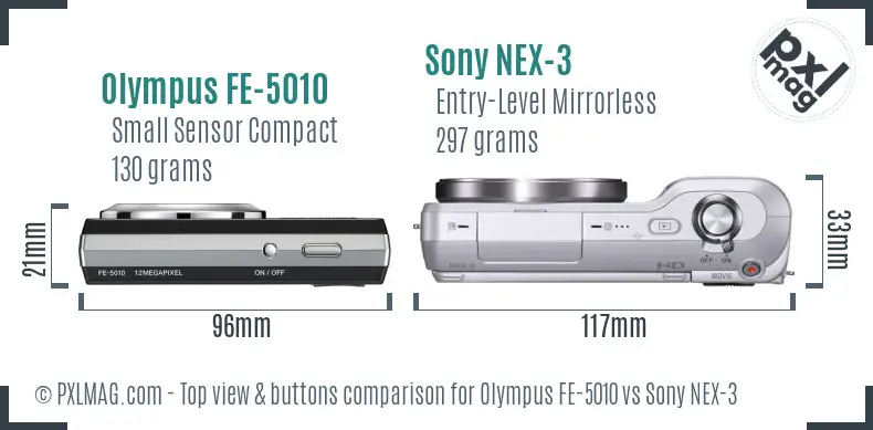 Olympus FE-5010 vs Sony NEX-3 top view buttons comparison