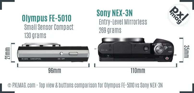 Olympus FE-5010 vs Sony NEX-3N top view buttons comparison