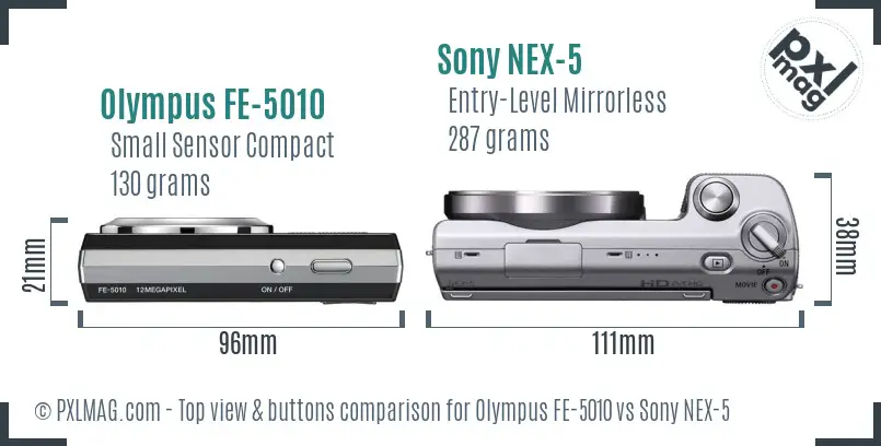 Olympus FE-5010 vs Sony NEX-5 top view buttons comparison