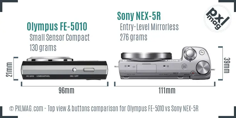 Olympus FE-5010 vs Sony NEX-5R top view buttons comparison