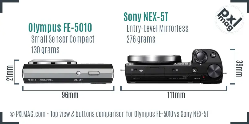Olympus FE-5010 vs Sony NEX-5T top view buttons comparison