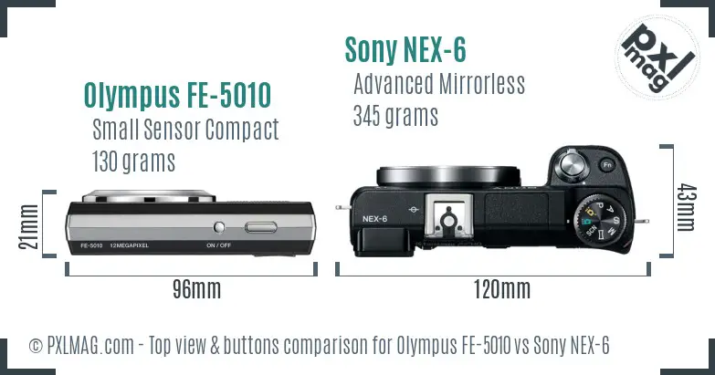 Olympus FE-5010 vs Sony NEX-6 top view buttons comparison