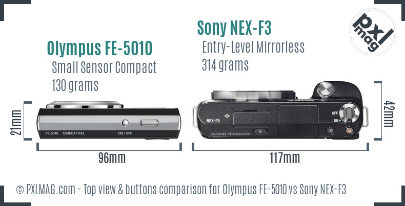 Olympus FE-5010 vs Sony NEX-F3 top view buttons comparison