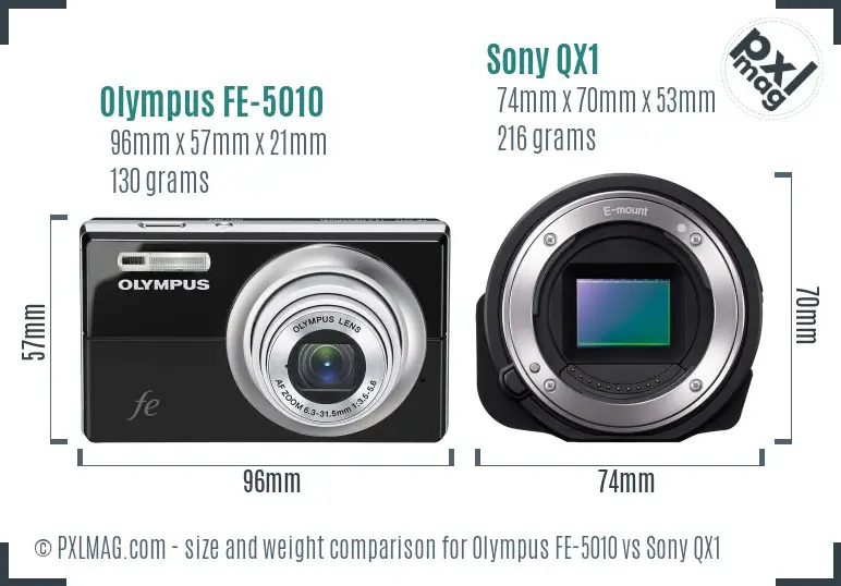 Olympus FE-5010 vs Sony QX1 size comparison