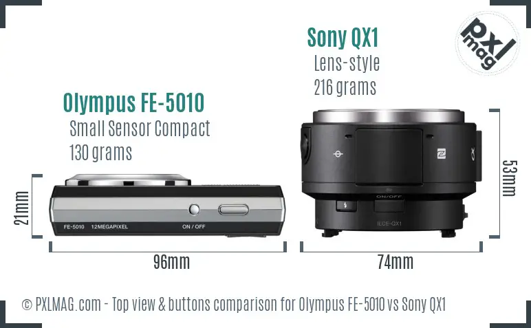 Olympus FE-5010 vs Sony QX1 top view buttons comparison
