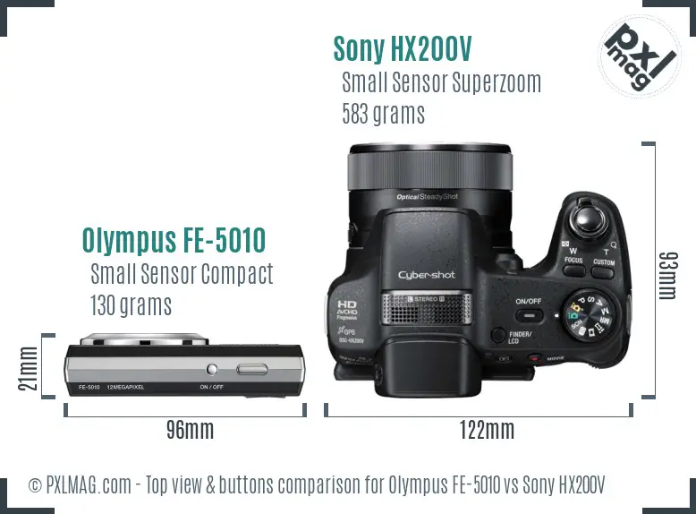 Olympus FE-5010 vs Sony HX200V top view buttons comparison