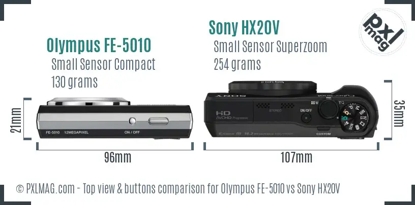 Olympus FE-5010 vs Sony HX20V top view buttons comparison