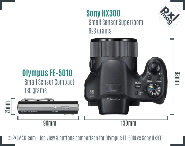 Olympus FE-5010 vs Sony HX300 top view buttons comparison