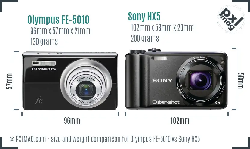 Olympus FE-5010 vs Sony HX5 size comparison