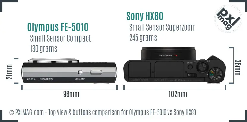 Olympus FE-5010 vs Sony HX80 top view buttons comparison