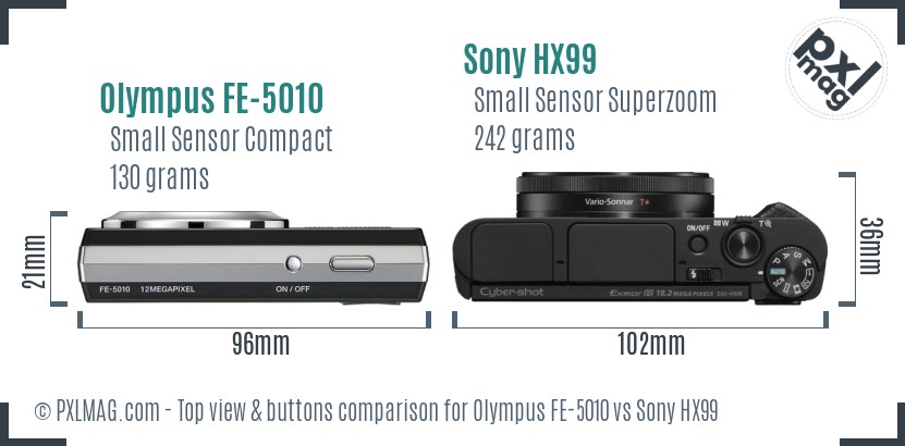 Olympus FE-5010 vs Sony HX99 top view buttons comparison