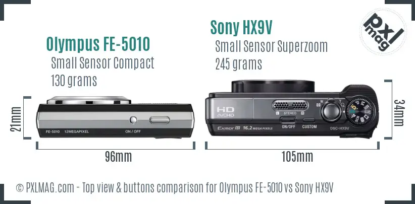 Olympus FE-5010 vs Sony HX9V top view buttons comparison