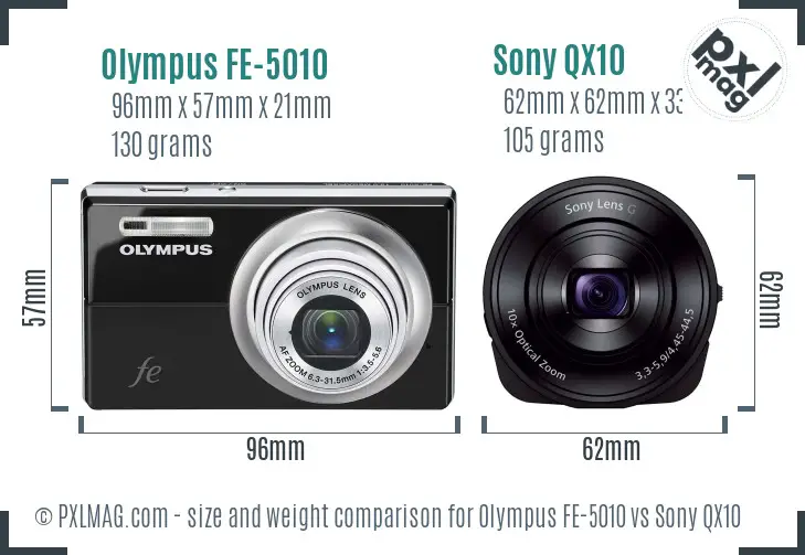 Olympus FE-5010 vs Sony QX10 size comparison