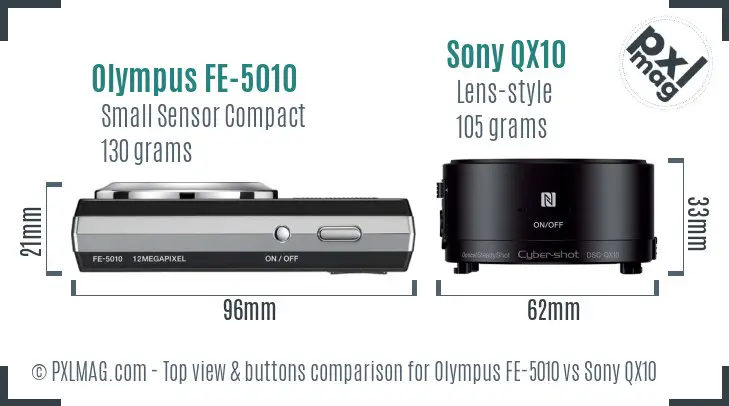 Olympus FE-5010 vs Sony QX10 top view buttons comparison