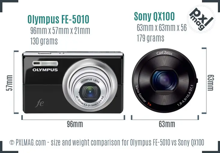 Olympus FE-5010 vs Sony QX100 size comparison