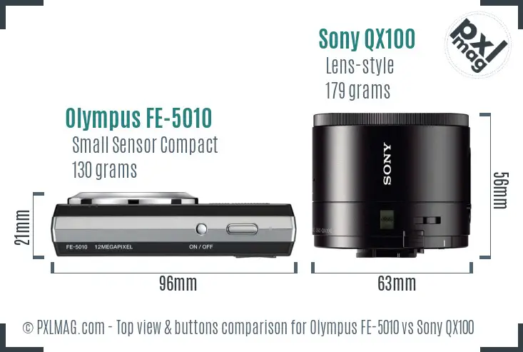 Olympus FE-5010 vs Sony QX100 top view buttons comparison