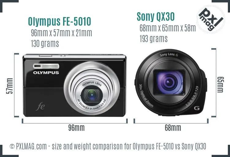 Olympus FE-5010 vs Sony QX30 size comparison