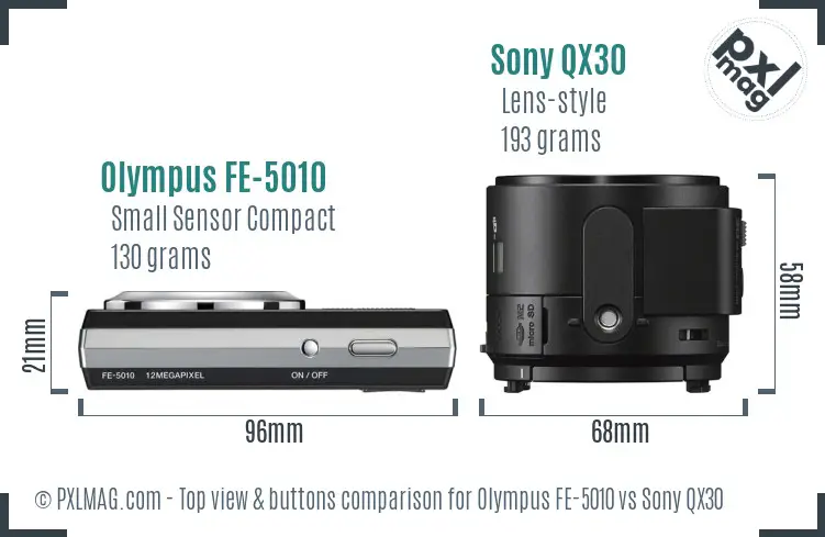 Olympus FE-5010 vs Sony QX30 top view buttons comparison