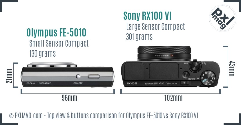Olympus FE-5010 vs Sony RX100 VI top view buttons comparison