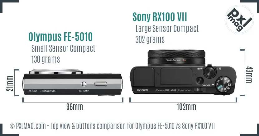 Olympus FE-5010 vs Sony RX100 VII top view buttons comparison