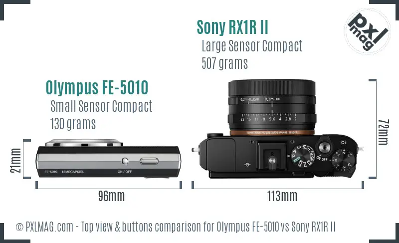 Olympus FE-5010 vs Sony RX1R II top view buttons comparison