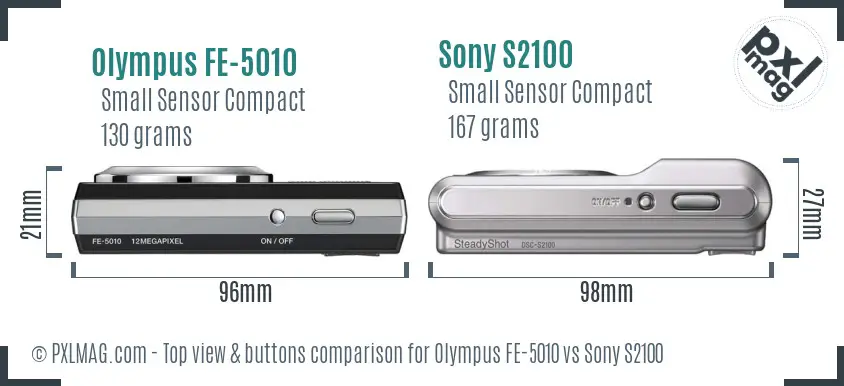 Olympus FE-5010 vs Sony S2100 top view buttons comparison