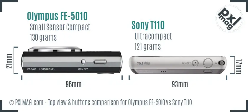 Olympus FE-5010 vs Sony T110 top view buttons comparison