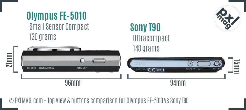 Olympus FE-5010 vs Sony T90 top view buttons comparison