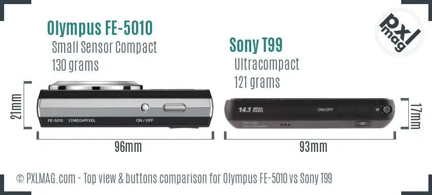 Olympus FE-5010 vs Sony T99 top view buttons comparison Olympus FE-5010 vs Sony T99 top view buttons comparison