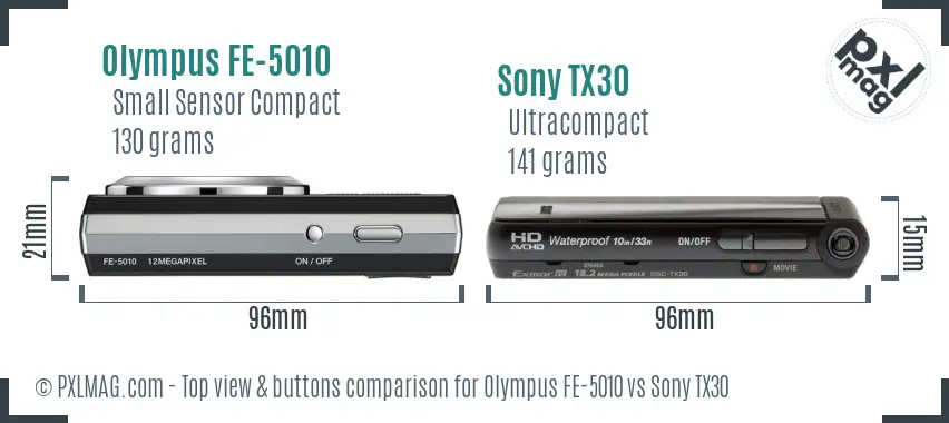 Olympus FE-5010 vs Sony TX30 top view buttons comparison