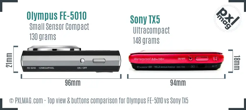 Olympus FE-5010 vs Sony TX5 top view buttons comparison