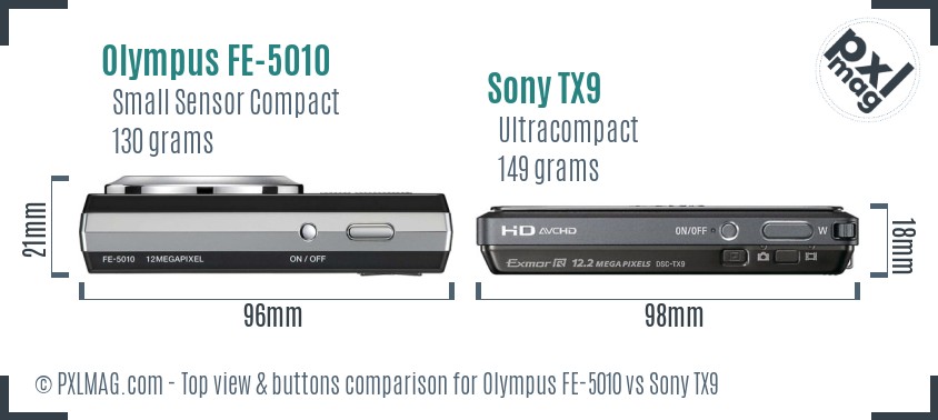 Olympus FE-5010 vs Sony TX9 top view buttons comparison