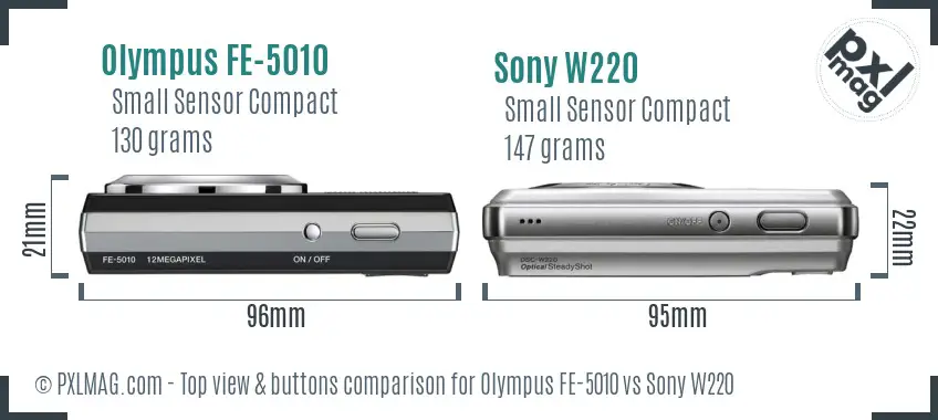 Olympus FE-5010 vs Sony W220 top view buttons comparison