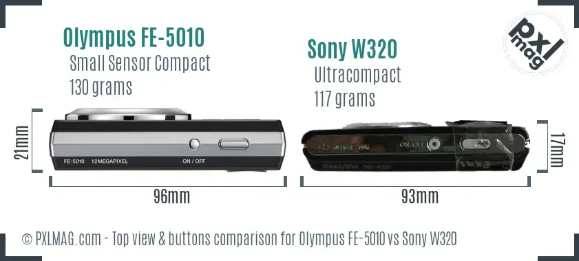 Olympus FE-5010 vs Sony W320 top view buttons comparison