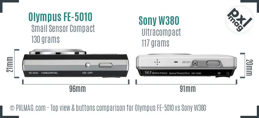 Olympus FE-5010 vs Sony W380 top view buttons comparison Olympus FE-5010 vs Sony W380 top view buttons comparison