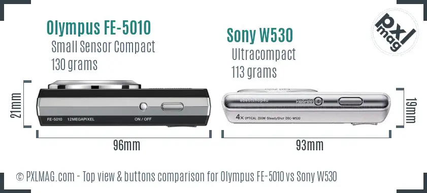 Olympus FE-5010 vs Sony W530 top view buttons comparison