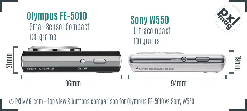 Olympus FE-5010 vs Sony W550 top view buttons comparison Olympus FE-5010 vs Sony W550 top view buttons comparison