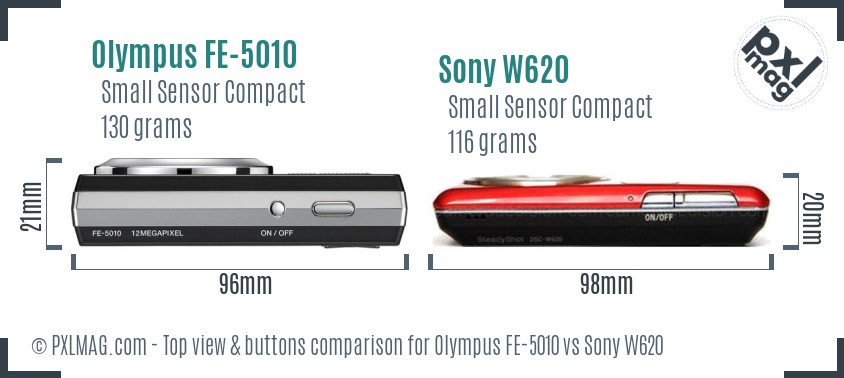 Olympus FE-5010 vs Sony W620 top view buttons comparison