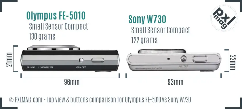 Olympus FE-5010 vs Sony W730 top view buttons comparison